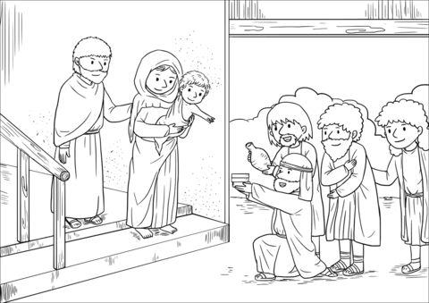 Magi Presenting The Child With Gifts Of Gold, Frankincense And Myrrh Coloring Page